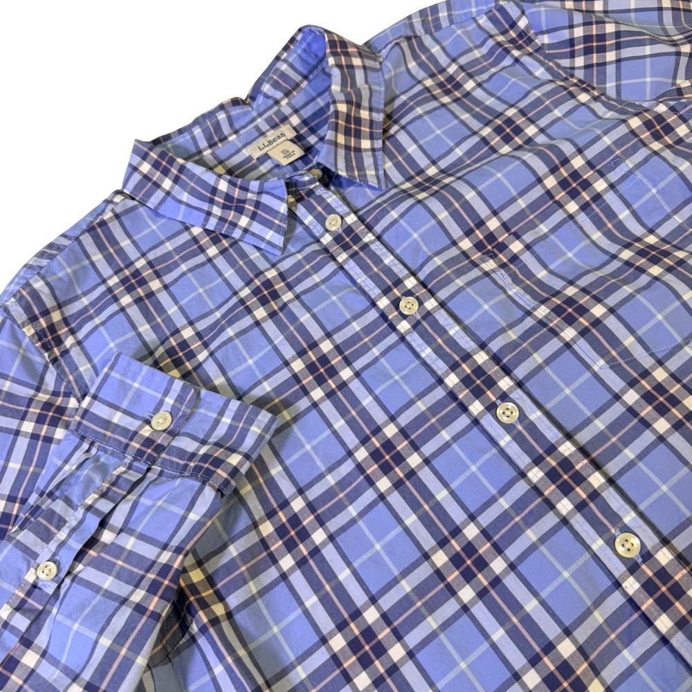 LL Bean women Plaid Button Down Shirt XL Blue White Cotton Long Sleeve 501210